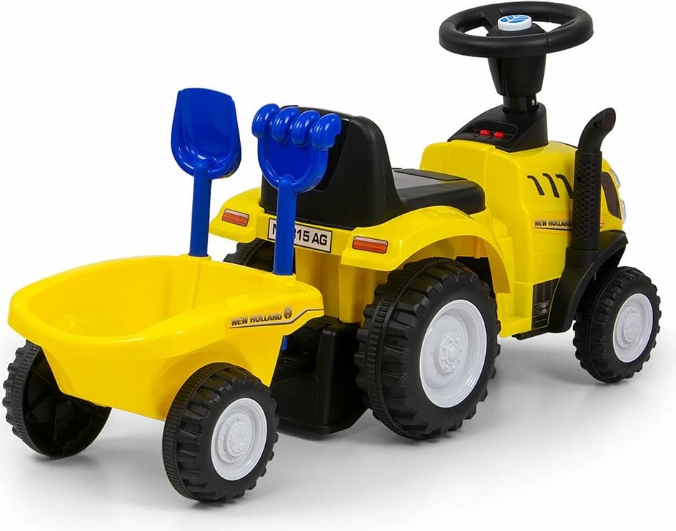 traktor ride-on, Milly Mally, New Holland T7, me rimorkio, timon interaktiv me borinë, zëra e drita, 12-36 muaj, e verdhë