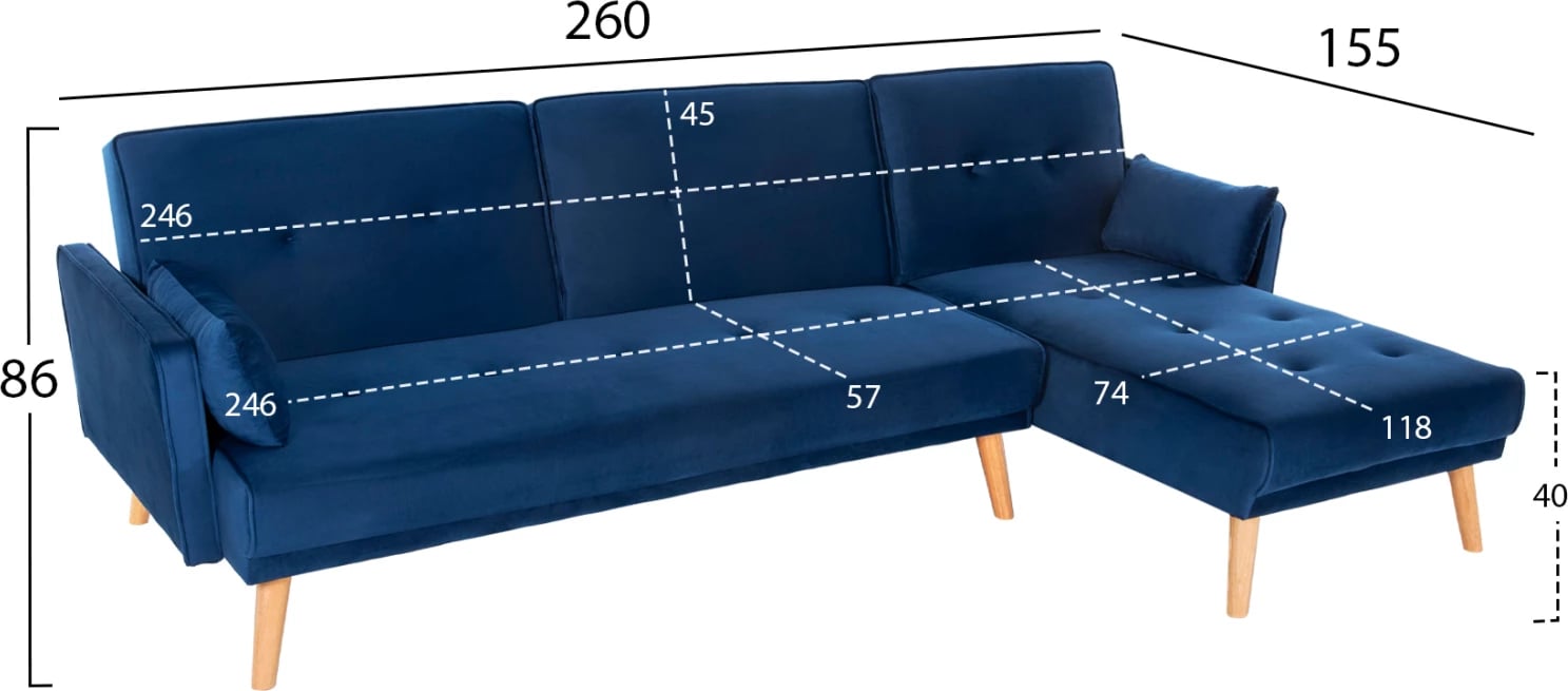 Divan qoshe me shtrat, i kthyeshëm, kadife blu, FH3127.18, 260x155x86H cm