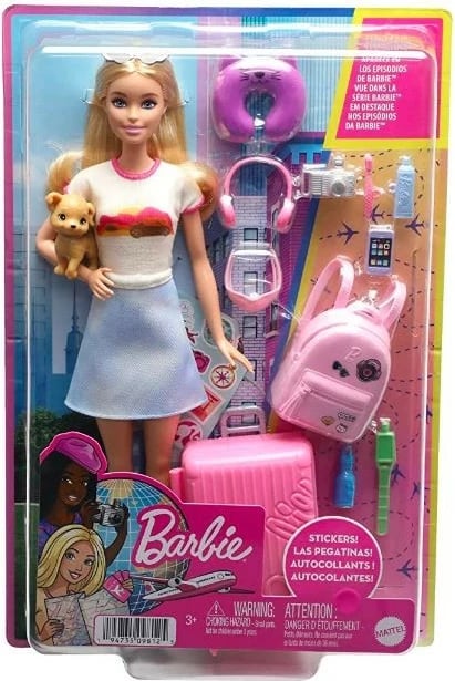 Kukull Barbie Malibu Roberts me aksesorë udhëtimi, Mattel HJY18, me qenush dhe valixhe, Rozë