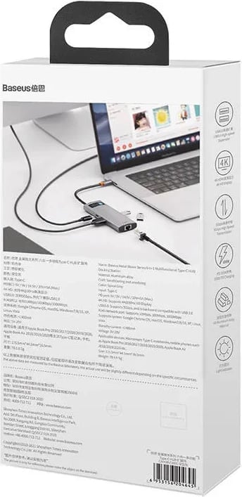 Kasë Baseus Metal Gleam Series CAHUB-CW0G, 6-në-1, USB-C në 3x USB 3.0 + HDMI + USB-C PD + Ethernet RJ45, Gri