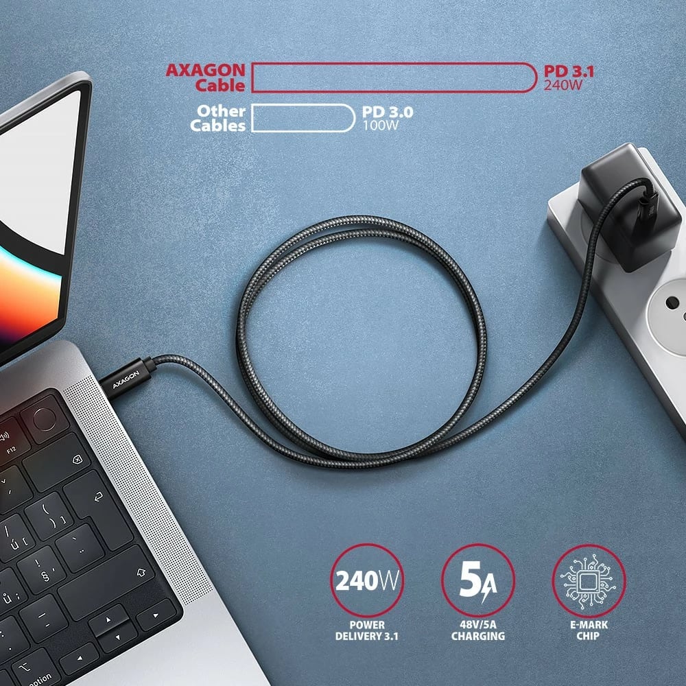 Kabllo USB-C në USB-C AXAGON BUCM2-CM20AB, 2m, 240W PD 3.1, e zezë