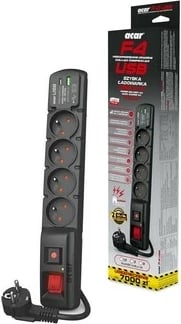 Prizë Acar F4 USB A+C, 4x230V, 5m, me mbrojtje nga mbingarkesa, e zezë