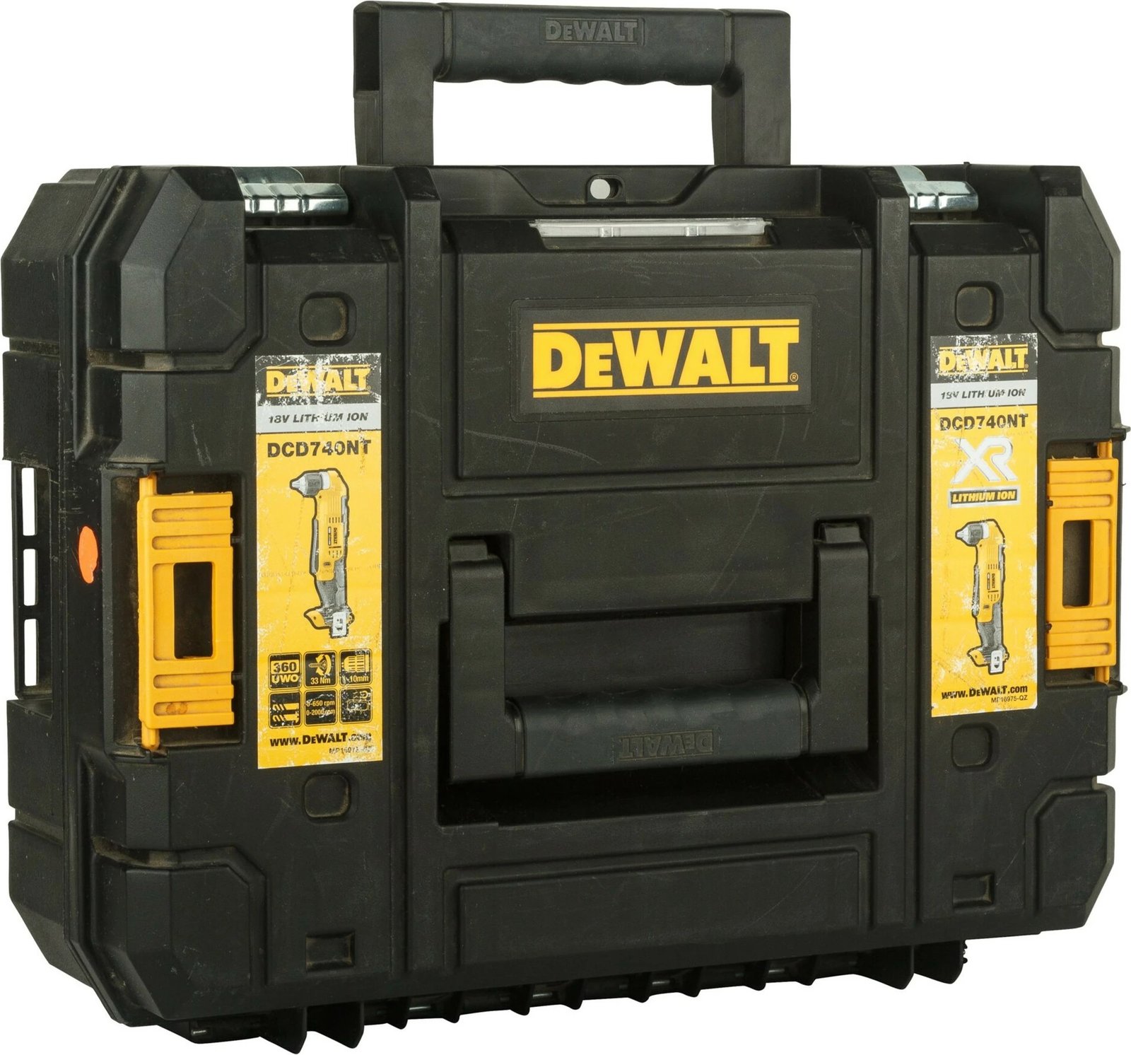 Makineri shpimi këndore DeWALT DCD740NT-XJ, 18V, 1.5Ah, pa çelës, zi/verdhe