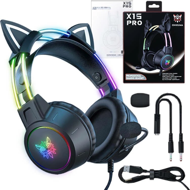 Kufje gaming ONIKUMA X15 PRO me veshë maceje, RGB, me mikrofon, e zezë