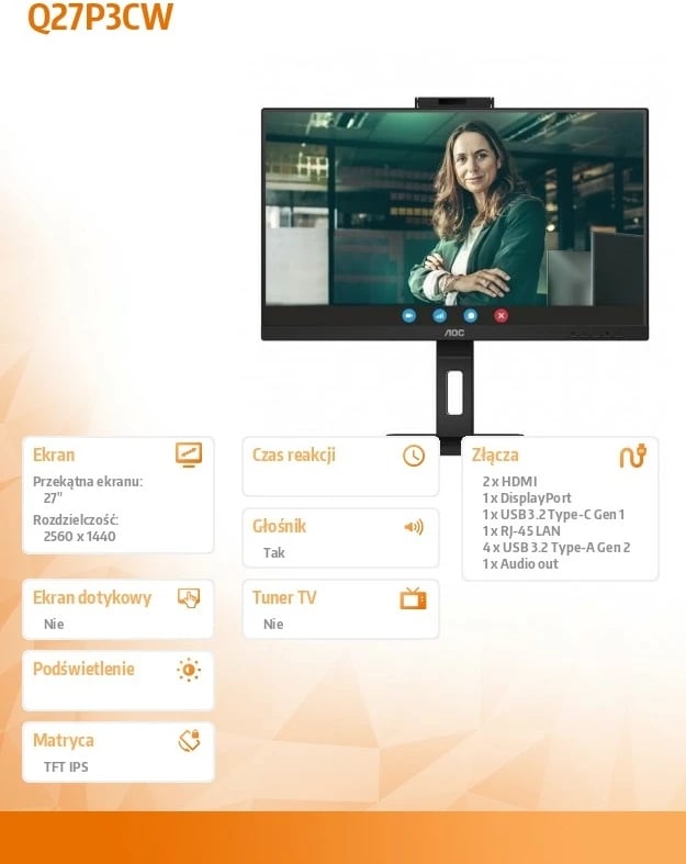 Monitor AOC Q27P3CW, 27", IPS, QHD, USB-C, Pivot, Kamera, E zezë