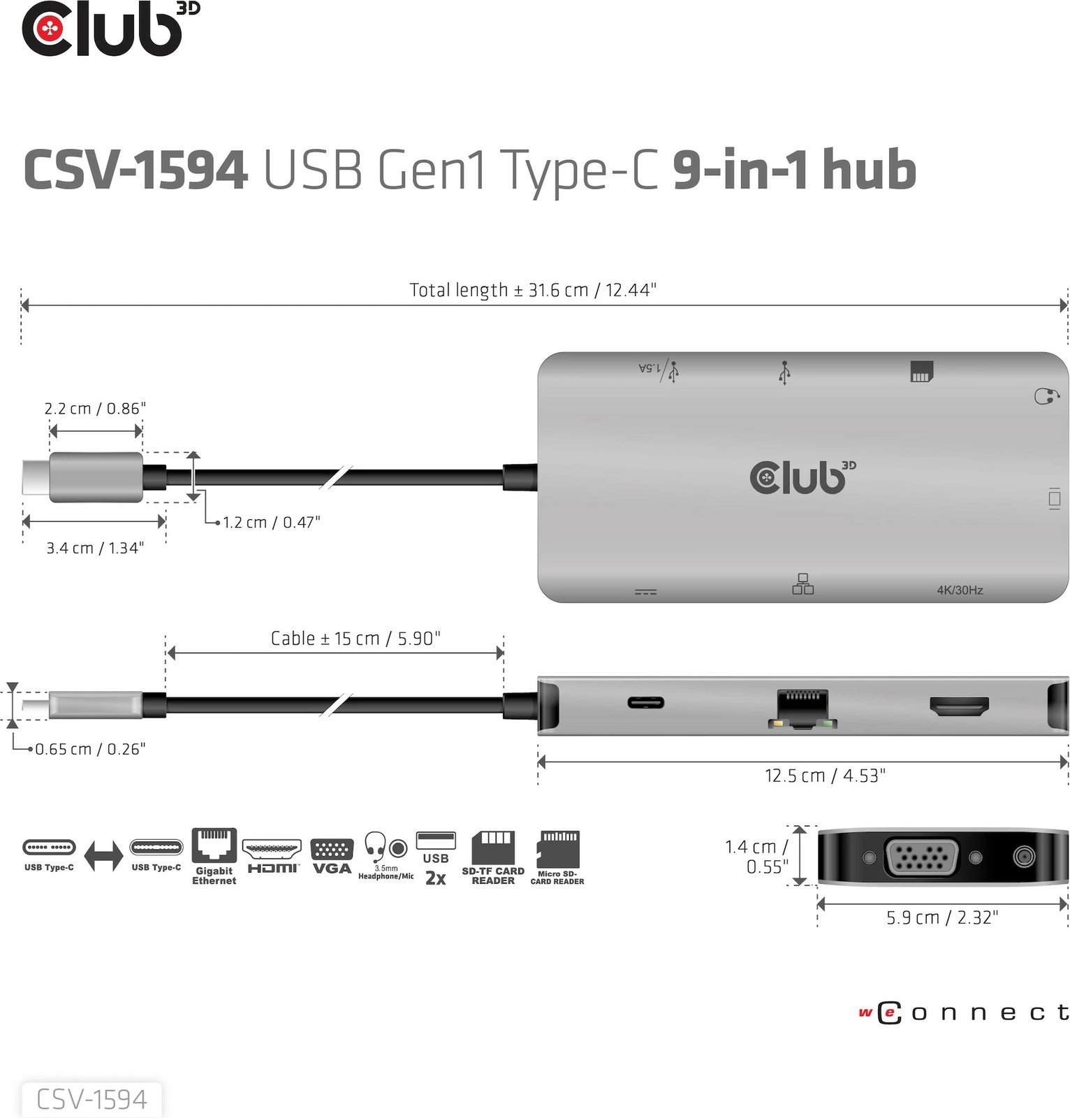 HUB USB-C Club3D 9in1, HDMI VGA 2xUSB RJ45 SD, 100W, zi/gri