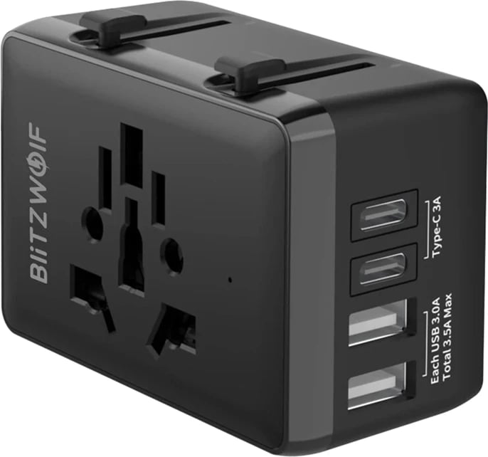 Adapter udhëtimi BlitzWolf BW-TA1, 4-në-1, 2xUSB + USB-C + PD 20W, i zi