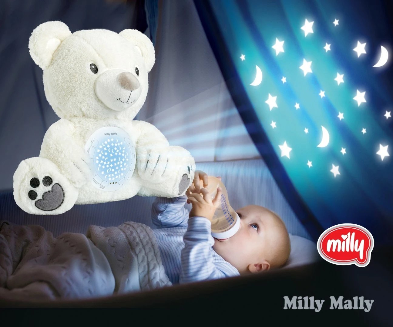 Lodër pelushi Milly Mally ari me projektor, e bardhë