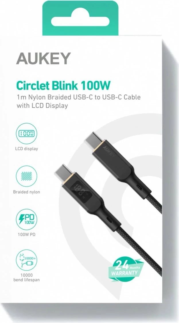 Kabllo USB-C në USB-C AUKEY CB-MCC102, 1.8m, LED, 100W PD, E zezë
