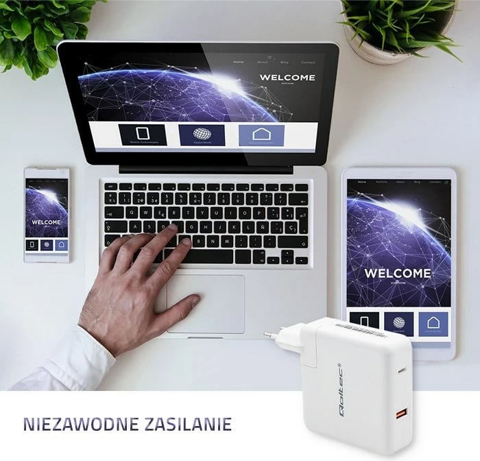 Karikues Qoltec GaN FAST 108W, USB C, Bardhë