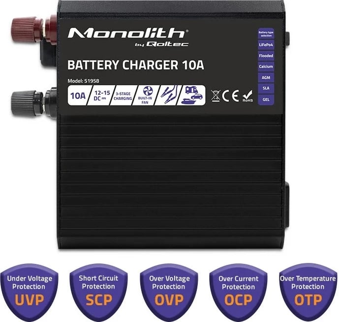 Karikues baterie Qoltec 51958 Smart Monolith për LiFePO4 AGM GEL SLA, 10A, 12V