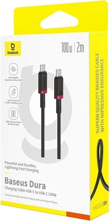 Kabllo Baseus Dura Type C në Type C, 100 W, 2 m, E zezë, E kuqe