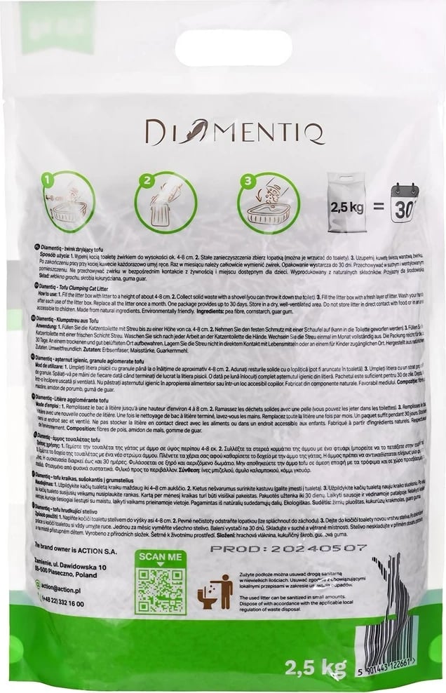 Leter për mace DIAMENTIQ Tofu Neutral Ultra clumping, 2.5 kg