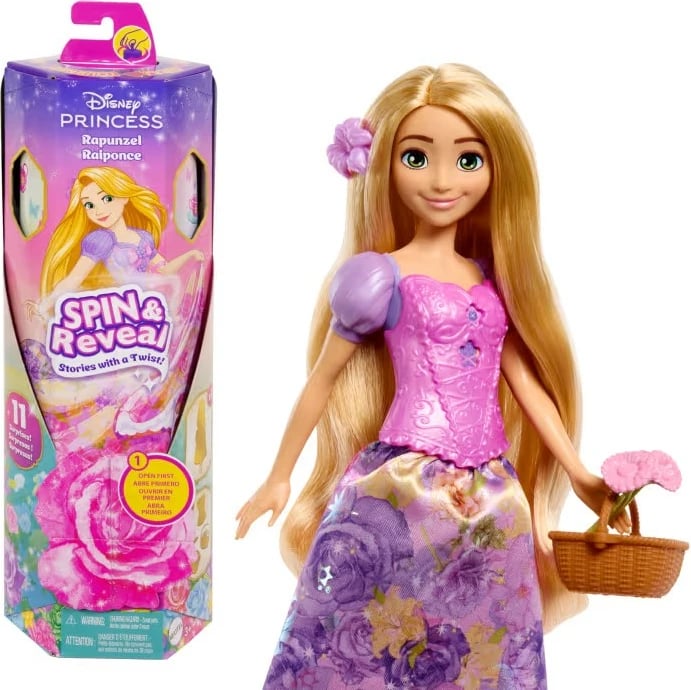Kukull Disney Princess Mattel Spin & Reveal Roszpunka (Rapunzel), me aksesorë dhe ngjitëse