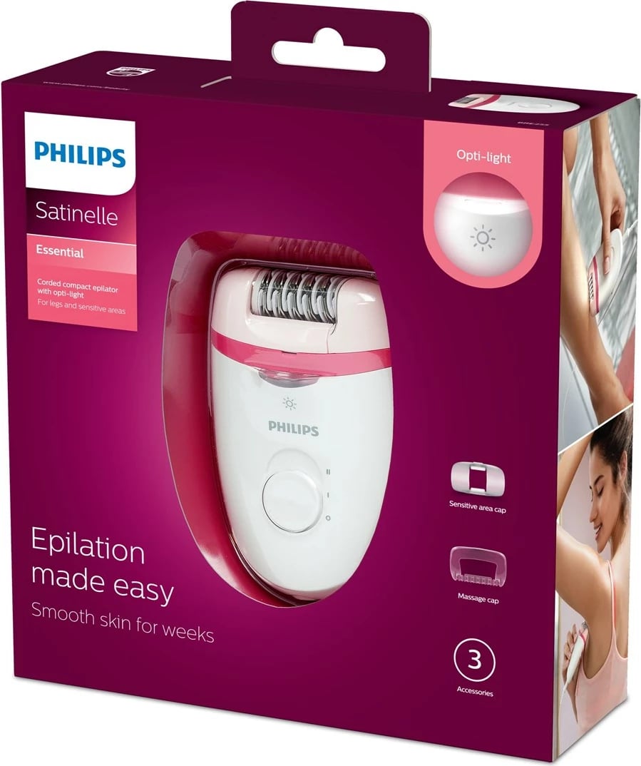 Epilator Philips Satinelle Essential BRE255/00, Rozë/Bardhë