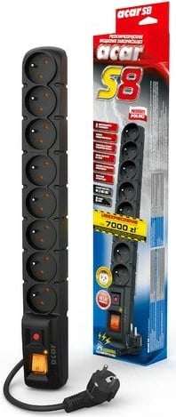 Prizë elektrike Acar S8, 8 dalje, 3 metra, e zezë