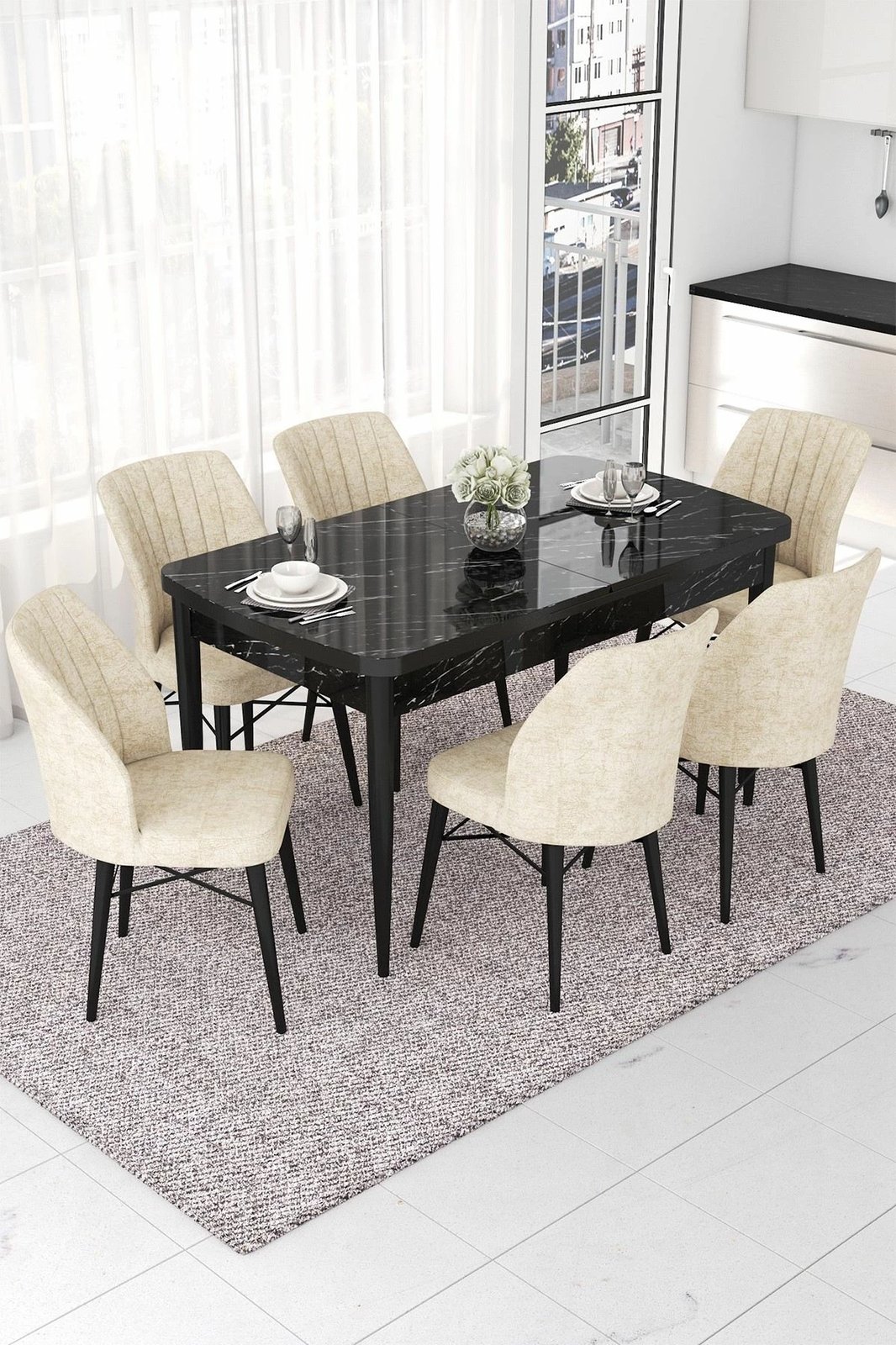 Set tavolinë me karrige për ngrënie, i zgjatshëm, ngjyrë mermeri të zi dhe krem, 7 copë, Skye Decor, Nef