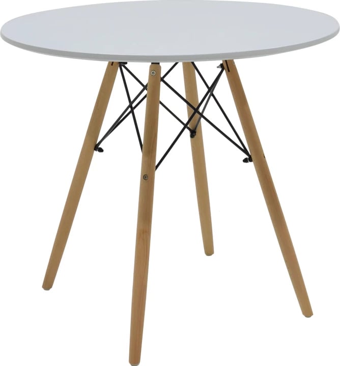 Tavolinë me karrige Julita-Parker, set 5 copë, MDF e bardhë, këmbë natyrale, D80x73cm