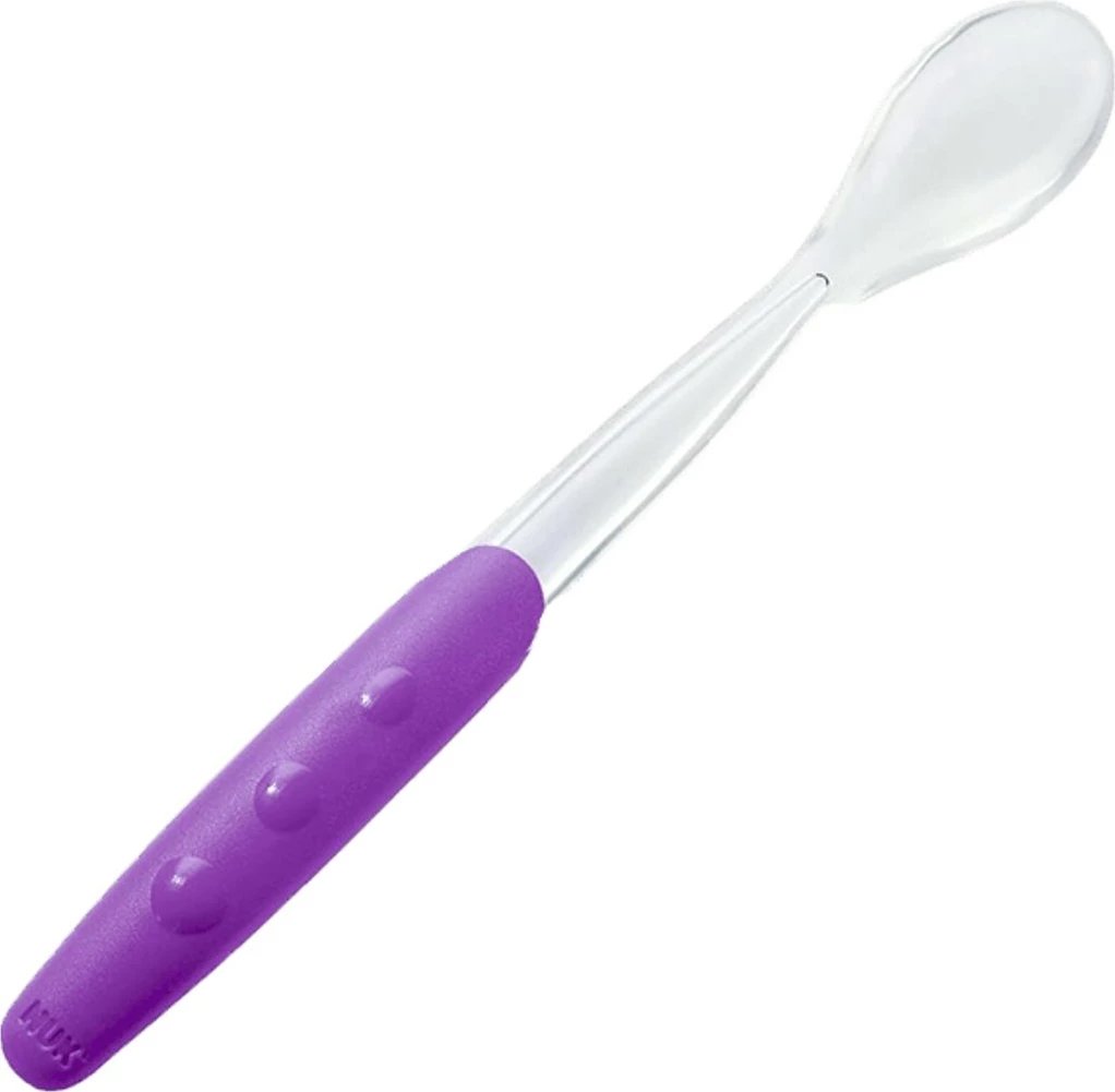 Lugë të buta për bebe, NUK, 18 cm, 4m+, BPA-free, e përshtatshme për lavastovilje, vjollcë, set 2 copë