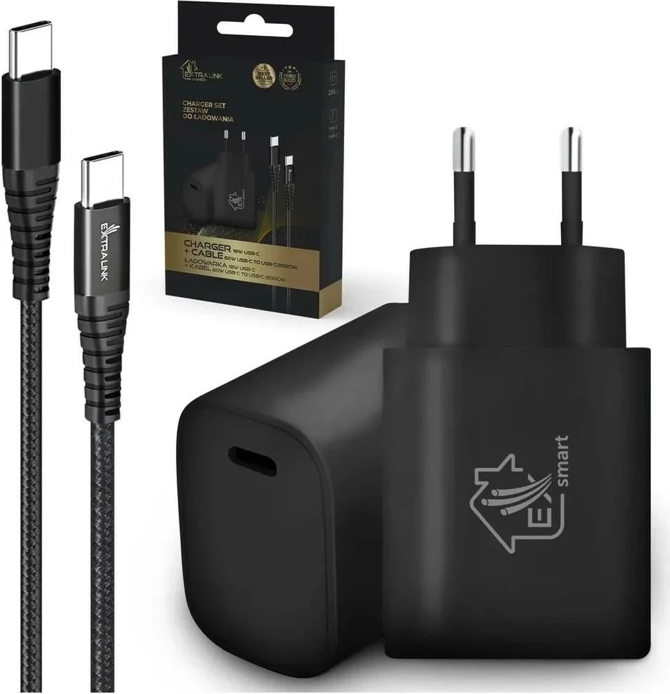 Karikues Extralink Smart Life 60W, USB-C në USB-C, 2.0m, PD3.0, i zi