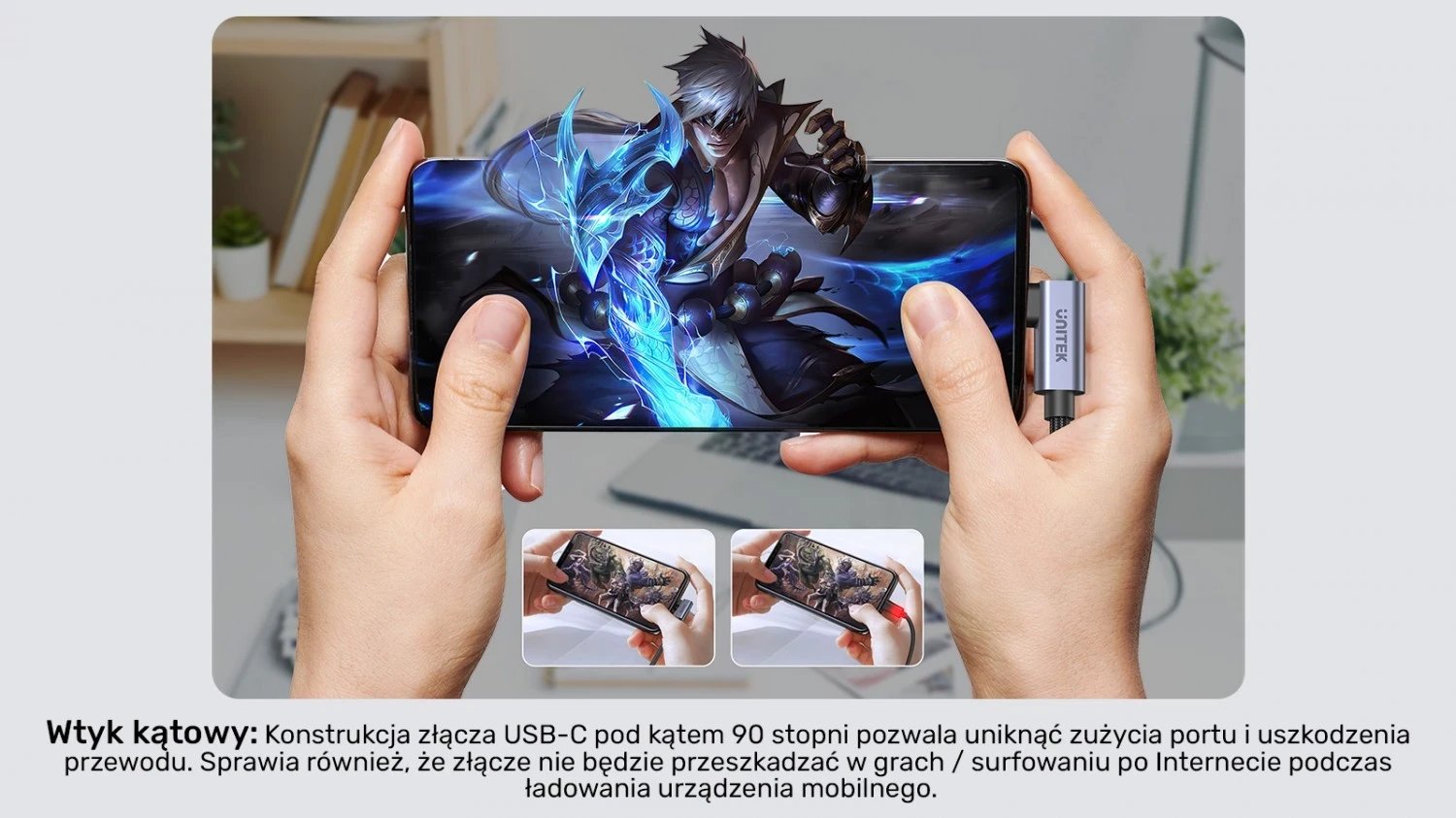 Kabllo Unitek USB-C me kënd 90° PD100W 0,5m, ngjyrë zi-hiri