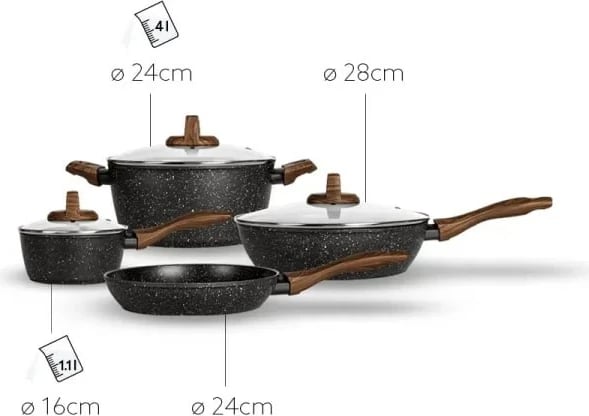 Set enësh gatimi Smile MGK-24, 7 pjesë, me tigan të thellë, dorezë ngjyrë druri