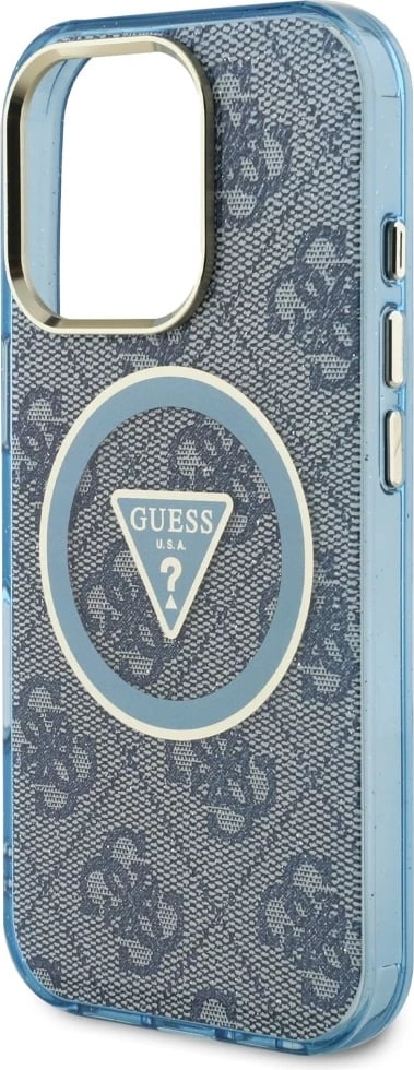 Mbështjellës Guess IML Metal Glitter 4G Circle Triangle MagSafe për iPhone 16 Pro, Blu