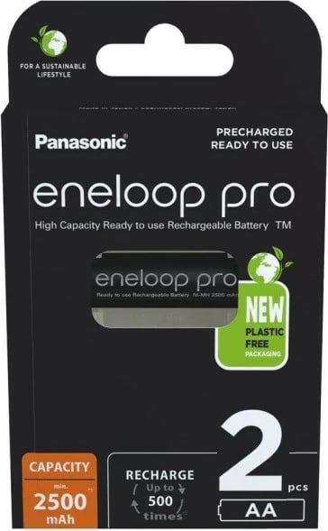 Bateri të rikarikueshme Panasonic Eneloop Pro AA 2500 mAh, 2 copë, Zezë