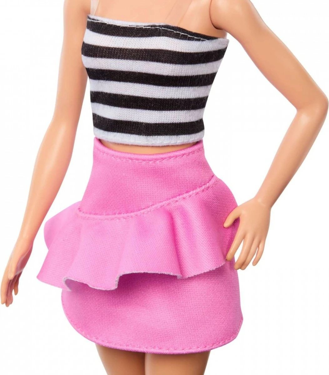 Kukull Barbie Fashionistas Mattel FBR37/HRH11, bluzë me vija të bardha e të zeza, fund rozë, syze dielli blu
