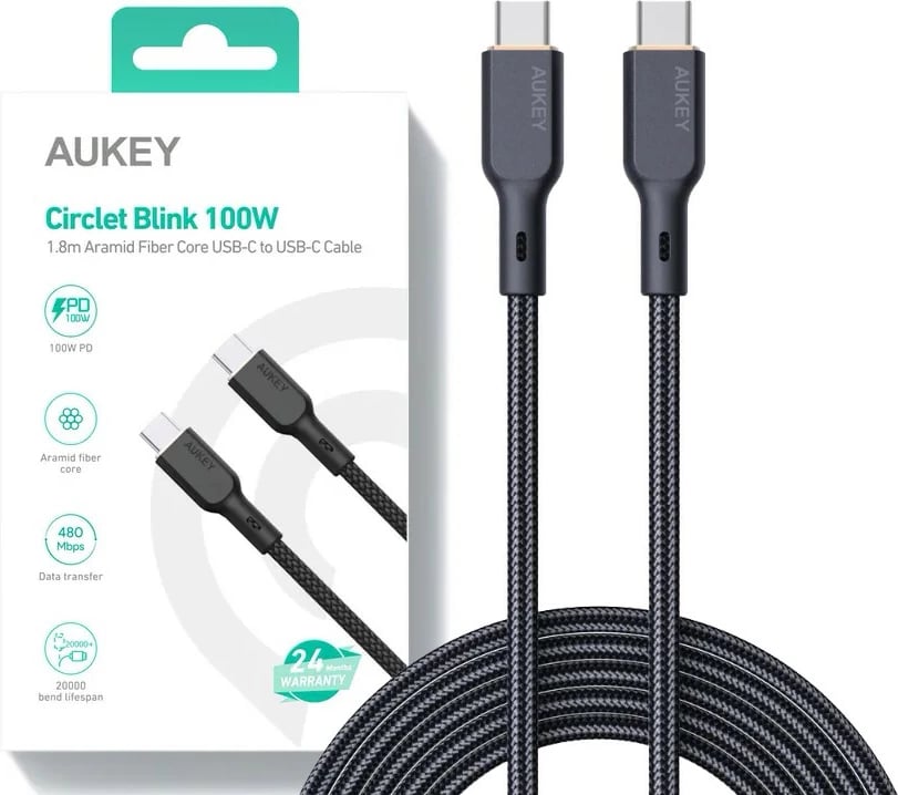 Kabllo AUKEY CB-KCC102 USB-C në USB-C, 1.8m, 100W, Kevlar, E zezë