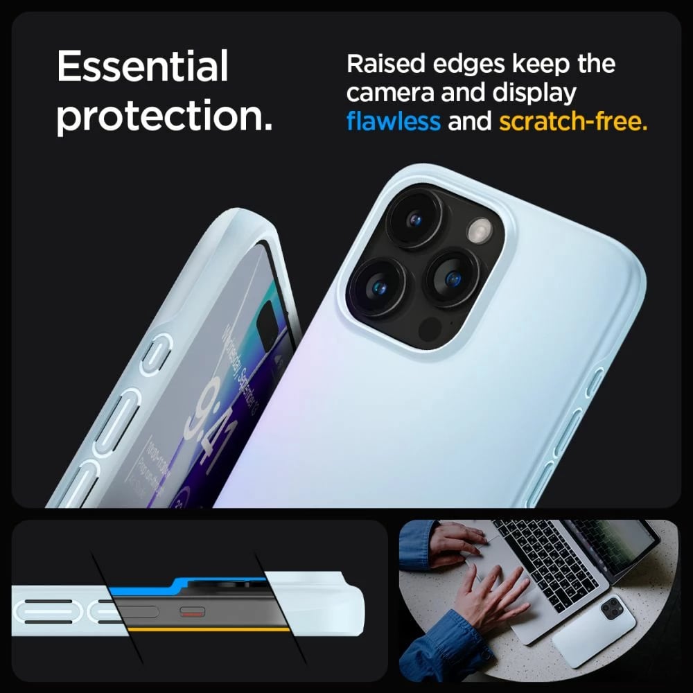 Mbështjellës Spigen Thin Fit për iPhone 15 Pro Max, kaltër e çelët