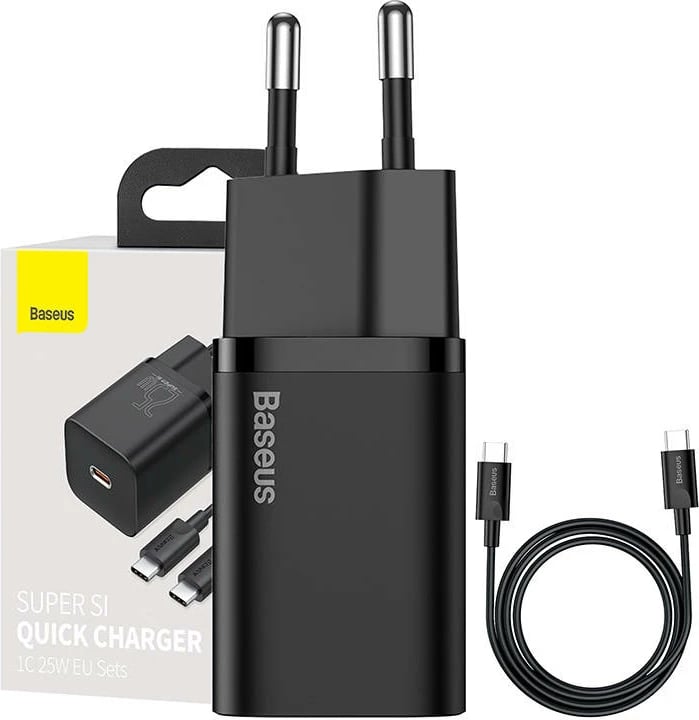 Karikues i shpejtë Baseus Super Si Quick Charger 1C 25W me kabllo USB-C në USB-C 1m, Zi