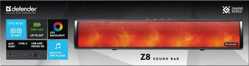 Soundbar Defender Z8, 10W, LED, Bluetooth, E zezë