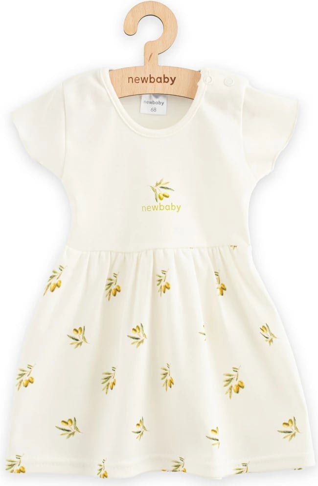 Fustan bebe, New Baby, Olives, pambuk organik, me mëngë të shkurtra, madhësia 56 (0-3m), bezhë