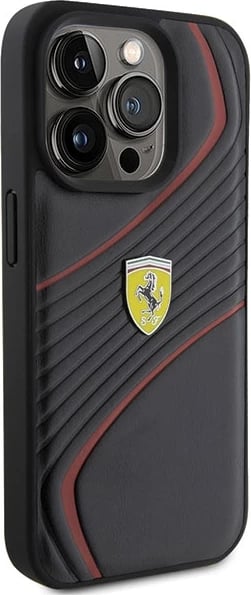 Mbështjellës Ferrari Twist Metal Logo për iPhone 15 Pro, i zi