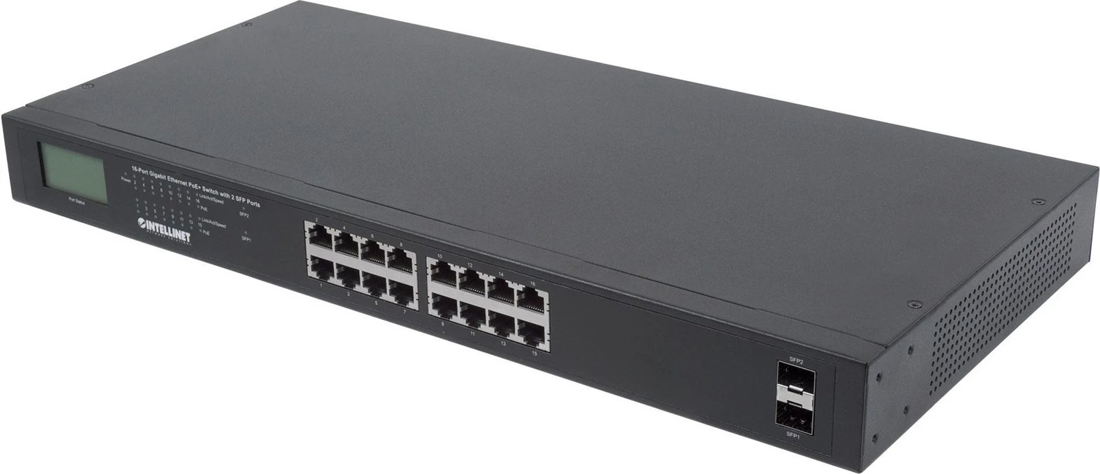 Switch Ethernet Gigabit PoE+ Intellinet me 16 Porta dhe 2 Porta SFP, i Zi