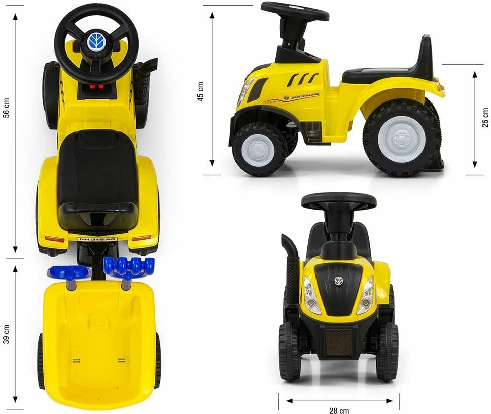 traktor ride-on, Milly Mally, New Holland T7, me rimorkio, timon interaktiv me borinë, zëra e drita, 12-36 muaj, e verdhë