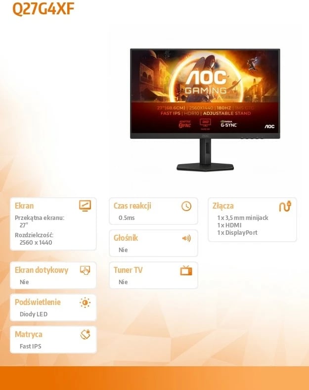 Monitor AOC Q27G4XF, 27", 180Hz, Fast IPS, QHD, i zi