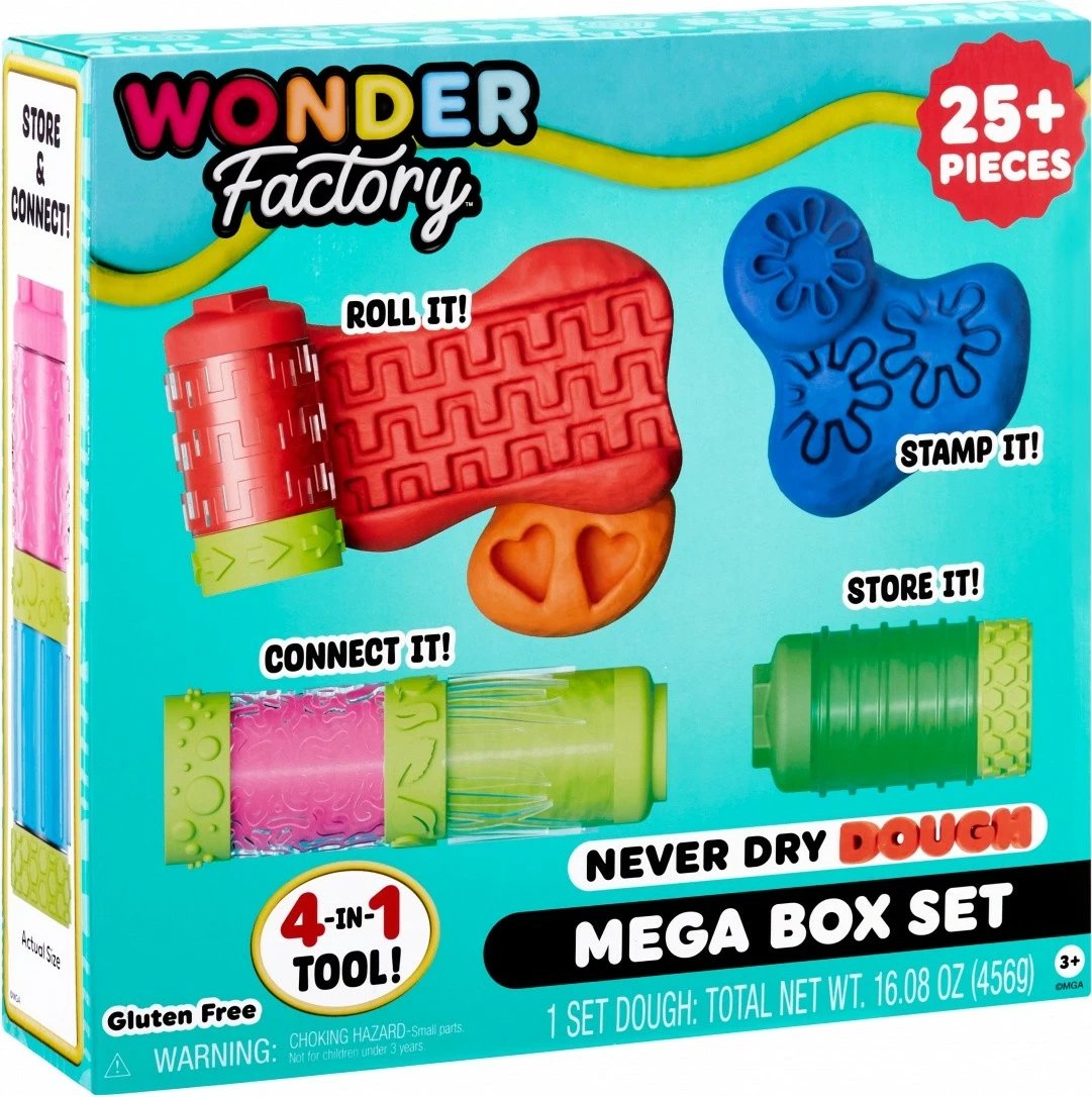 Set plasteline Wonder Factory Never Dry Dough Mega Box, MGA, 8 ngjyra, 25+ pjesë