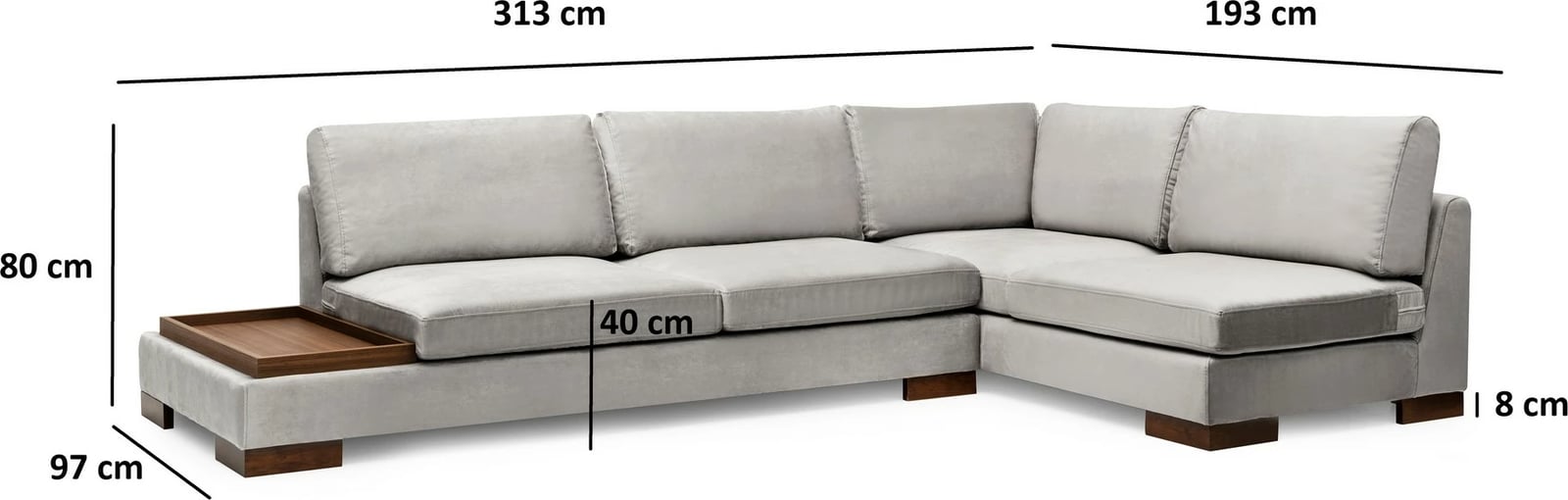 Këndare Atelier del Sofa Tulip, këndore e djathtë me pouf, ngjyrë gri e çelët