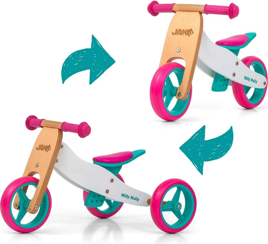 Biçikletë 2-në-1 fëmijësh druri, Milly Mally, JAKE Classic Candy, rrota shkumë 7", sedile e rregullueshme, deri 25 kg, shumëngjyrëshe