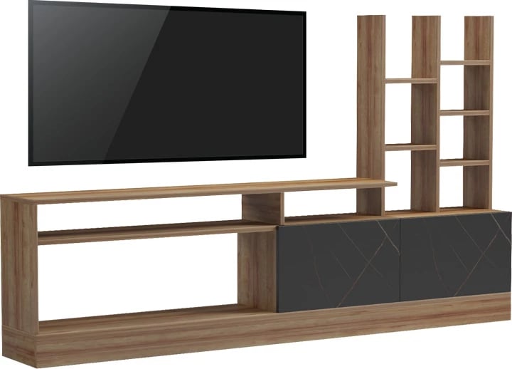 Komodë TV Seruno, ngjyrë lis dhe mermer i zi, 170x25x100cm