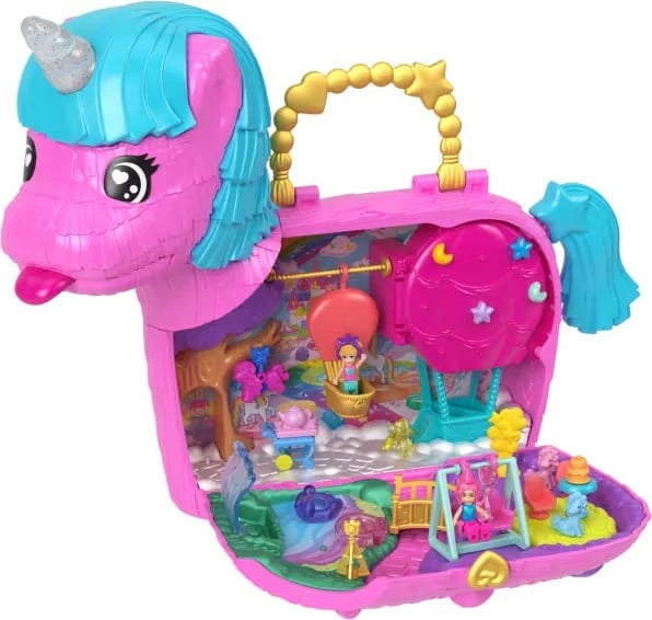 Set figurina Polly Pocket Unicorn Surprise, Mattel HYD96, 2 mikrolodina, 25+ aksesorë, rozë