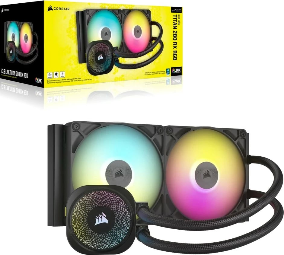 Kasë ftohëse CPU Corsair iCUE LINK TITAN 280 RX RGB, 280mm, me 2 ventilatorë RGB, i zi