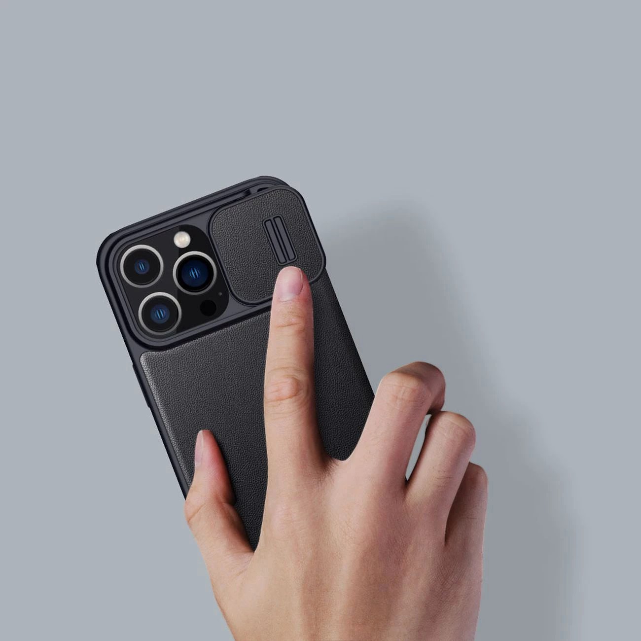 Mbështjellës Nillkin Qin Cloth Pro Case për iPhone 14 Pro Max, me kapak dhe mbulesë kamere, Blu