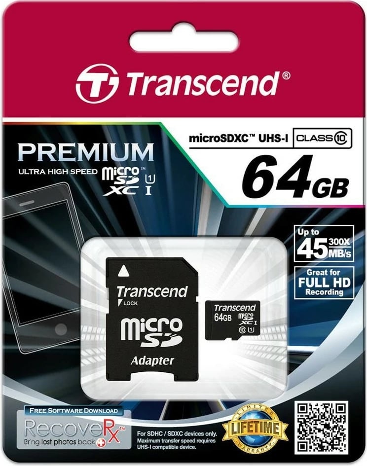 Kartelë memorie Transcend microSDXC 64GB, Class 10, UHS-I, me adapter, e zezë
