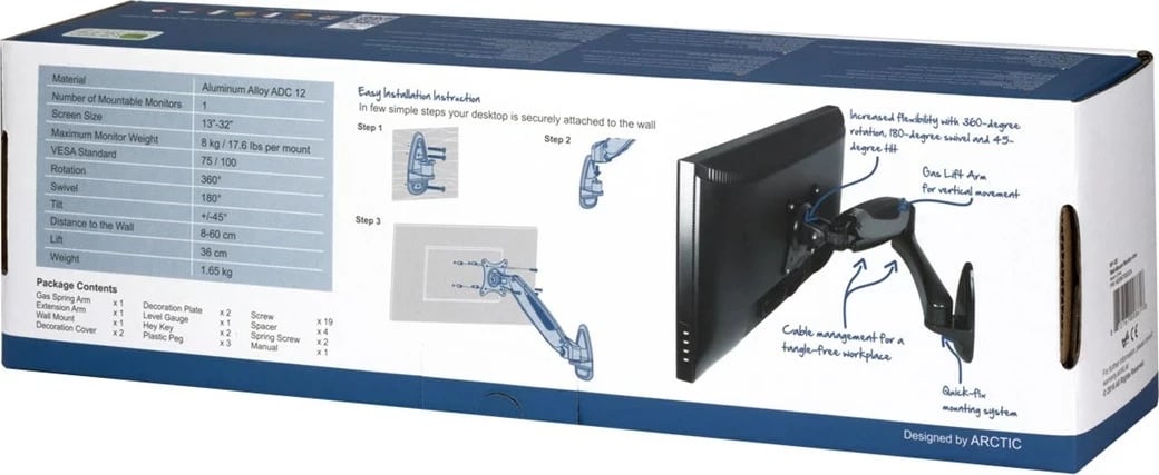 Mbajtës muri për monitor Arctic Cooling W1-3D, me teknologji Gas Lift, Alumini