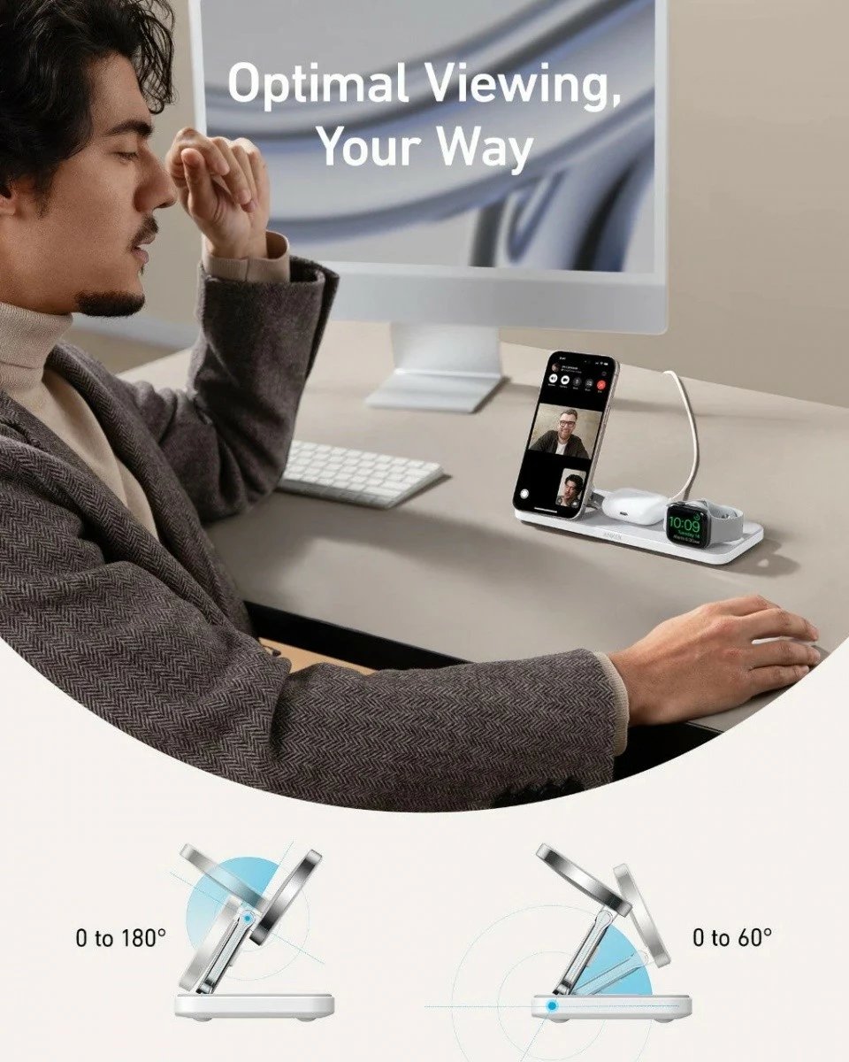Karikues wireless Anker MagGo 3-in-1 Pad, 15W Qi2, i bardhë