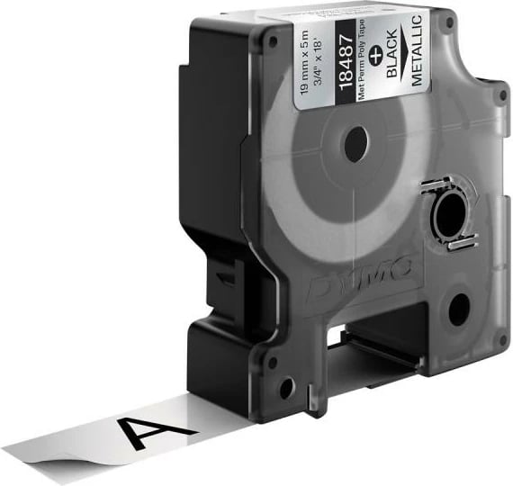 Shirit etiketas Dymo 18487 poliester i metalizuar ngjitës përhershëm 19mm x 5.5m, i zi në metalik