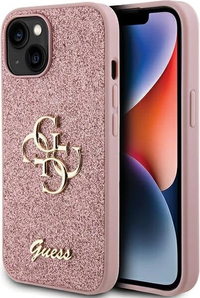 Mbështjellës Guess Glitter Script Big 4G për iPhone 15, Rozë